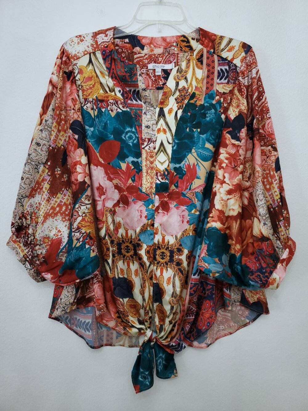 Chico's Front Tie V-neck Vibrant Patchwork Floral Balloon Sleeve Blouse Size 2
